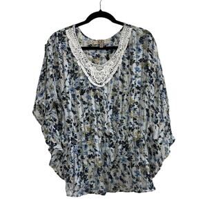 1010 Women's Blouse Lace Collar Batwing Sleeves Sheer Medium